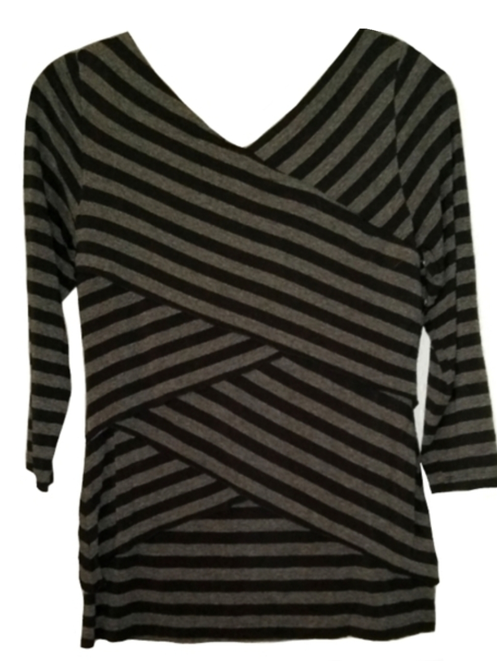 Vince Camuto Striped V Neck Wrap Bandage Top Stretchy Grey Black Gray Striped M